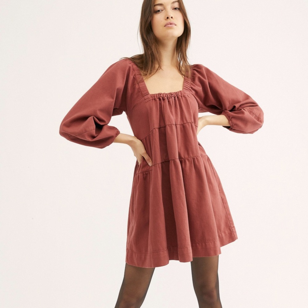 Free People Denim Mini Babydoll Dress with Pockets Deep Red Size Large NWOT